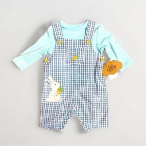 Baby Essentials Easter outfit blue plaid bunny rabbit Shortalls set boys 3 month